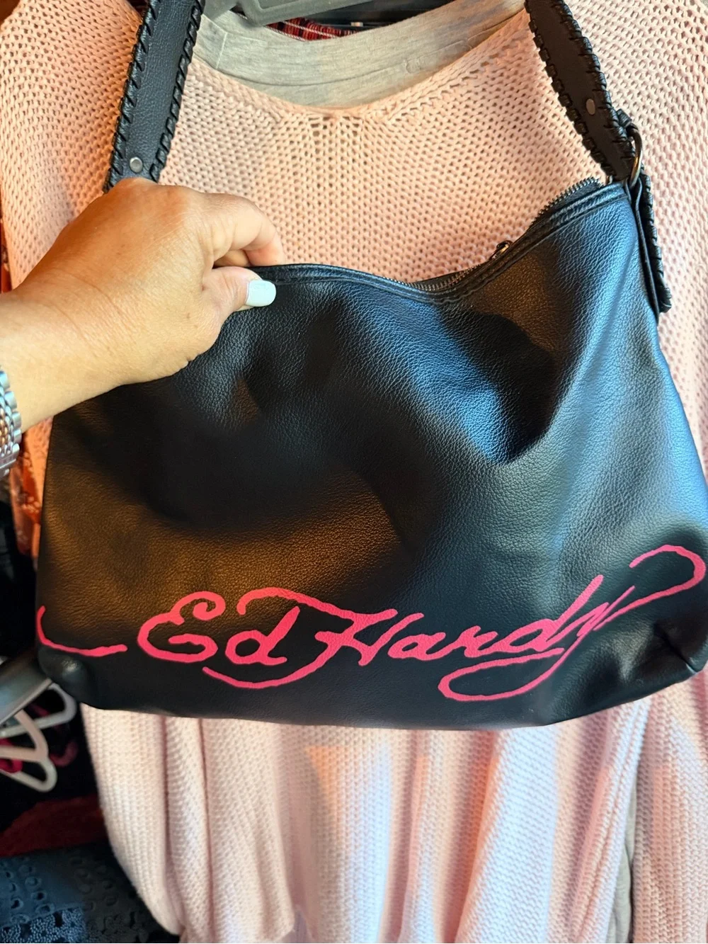Ed Hardy Beige Canvas Hobo with Black Trim and Multicolor Skull Floral Design